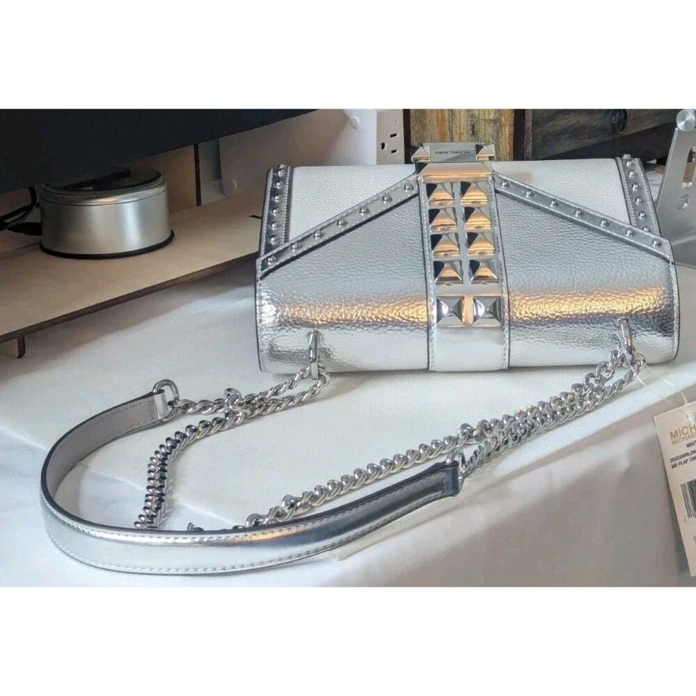 Michael Kors Studded Whitney Bag - Silver, White, Leather, Chain Strap, NWT - Picture 5 of 8